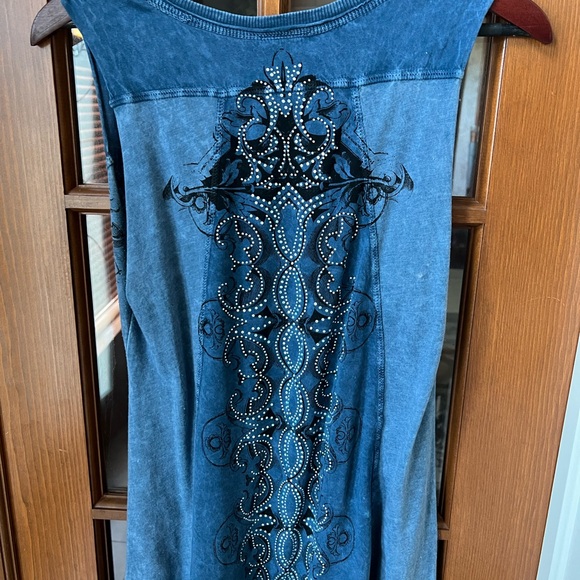 Vocal Rhinestones/Crystal Embellished Blue Cross Tank Top Sz Medium - Picture 9 of 12